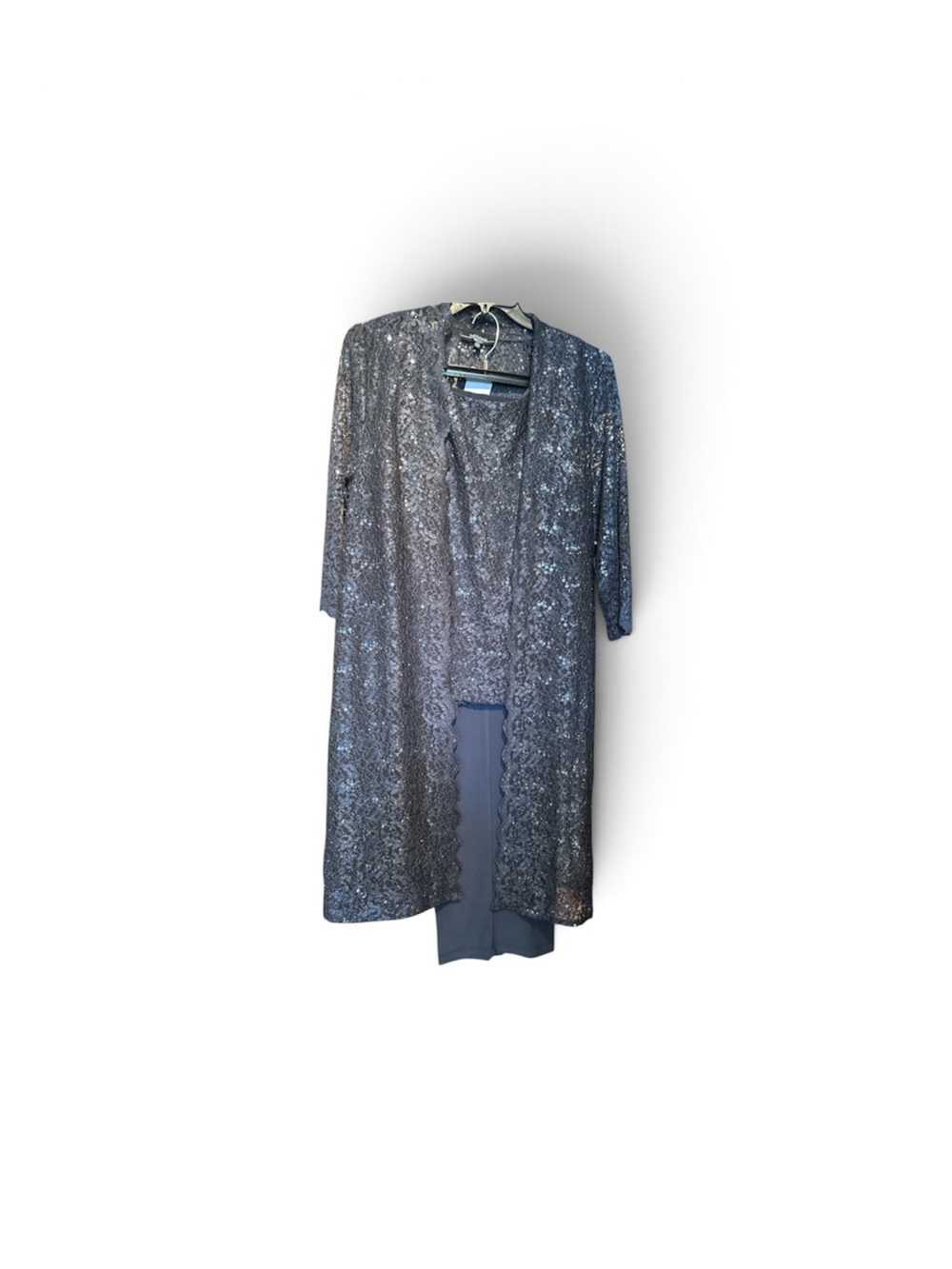 Gray Lace Overlay Pantsuit with Longline Jacket